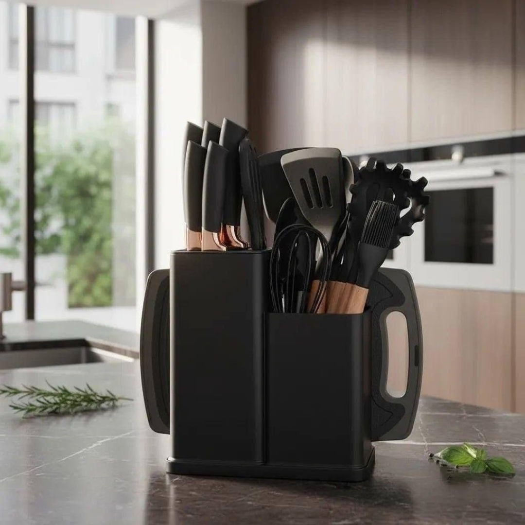 Kit com 19 Utensílios De Cozinha Silicone Cabo Madeira