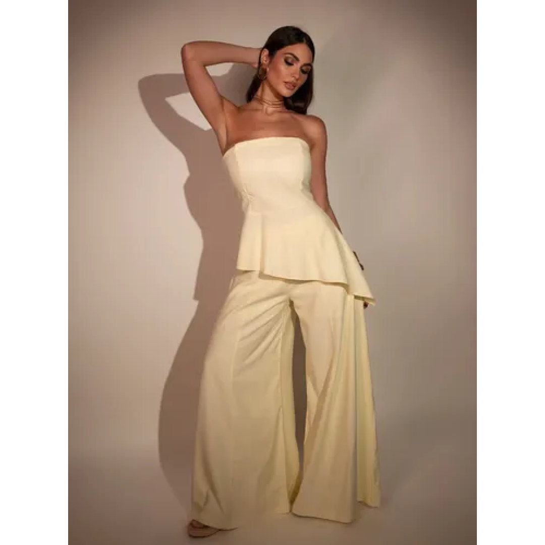 Conjunto Feminino Top Peplum Assimétrico E Calça Pantalona