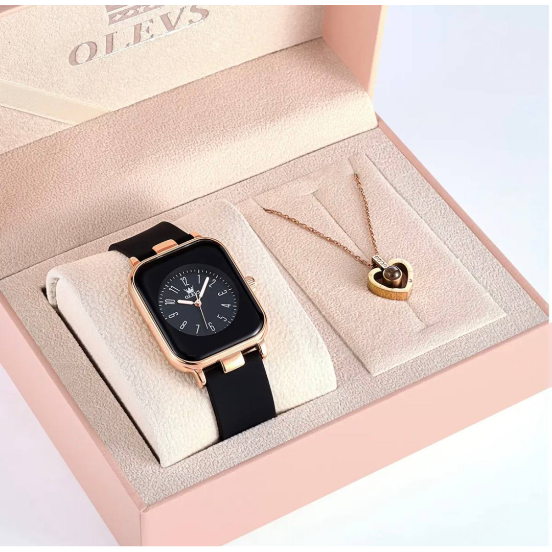 Kit Relógio Rose Olevs Feminino Colar De Presente 9961 Preto Dourado