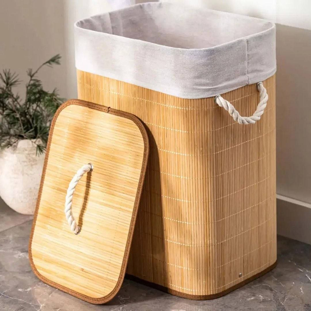 Cesto De Roupa Suja De Bambu Com Tampa E Alças 50 Litros Kontuz Natural