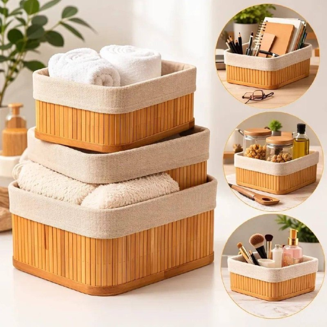 Kit 3 Cestos Organizadores De Bambu Retangulares Com Forro Lavável Multiuso Organizar Casa Banheiro Cozinha Guarda-roupa Lavanderia Armazenamento De O...