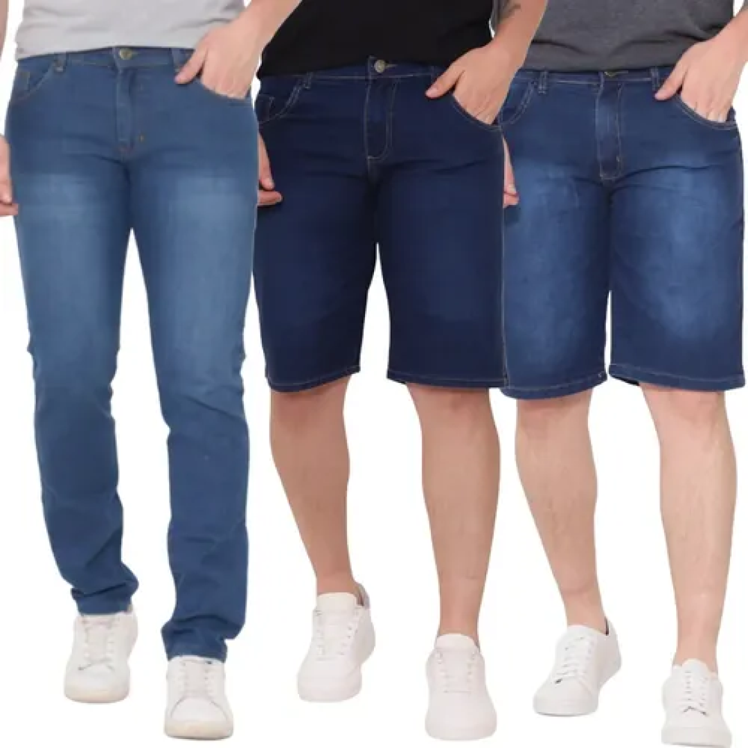 Kit com 2 Bermudas + 1 Calça Jeans Skinny Lycra Premium