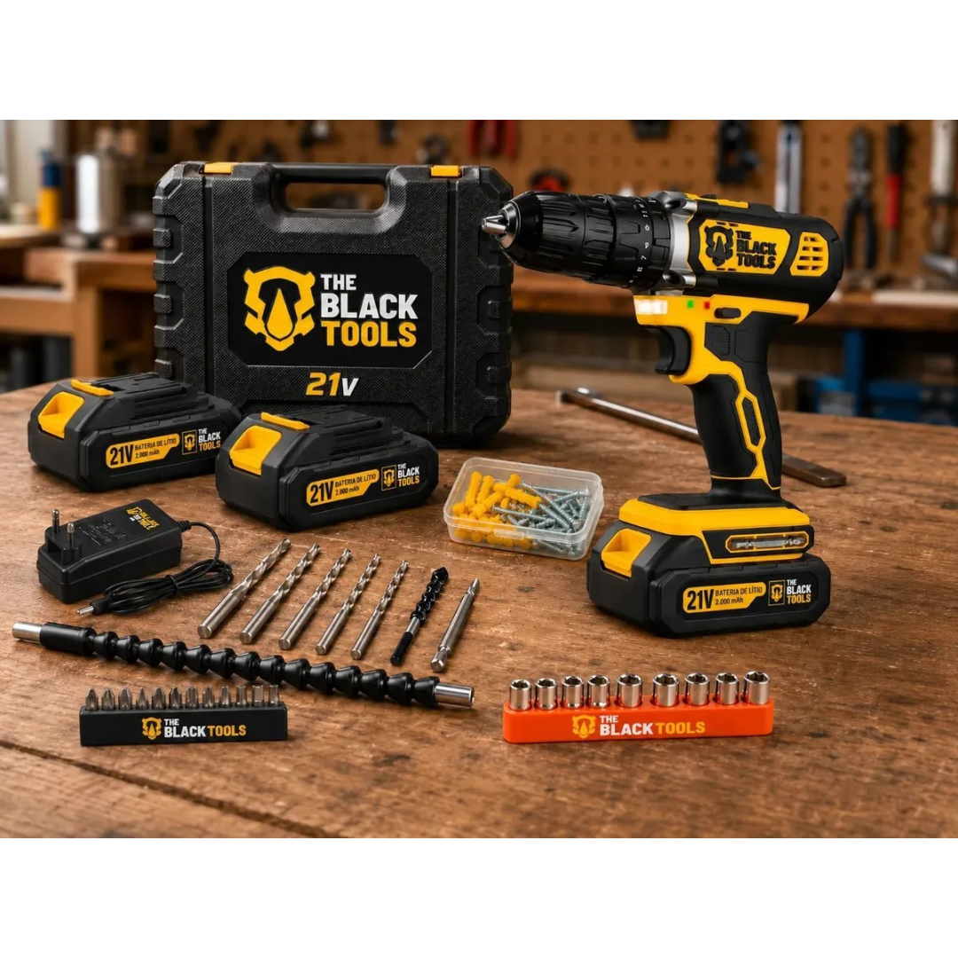 Parafusadeira Furadeira De Impacto A Bateria 21V 3/8” Bivolt 1400 Rpm Com Acessórios E Maleta TB-21PZW The Black Tools
