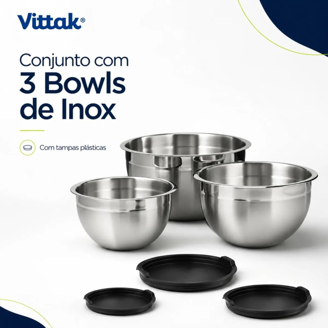 Conjunto 3 Bowls de Inox com Tampas Plásticas Vittak