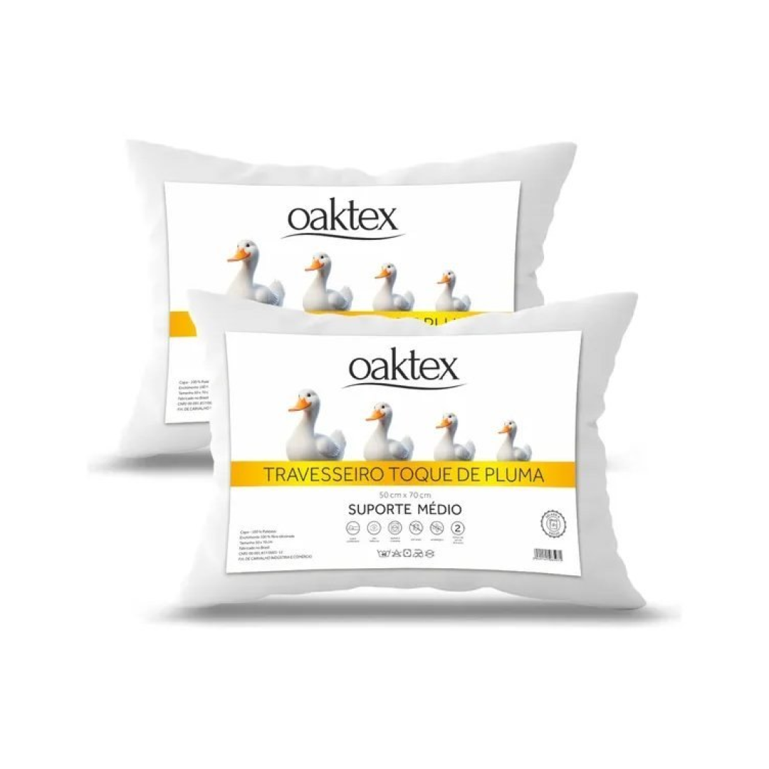 Kit 2 Travesseiros 70x50 Antialérgico Lavável Fibra Siliconada Toque de Pluma de Ganso Oaktex Cor Branco