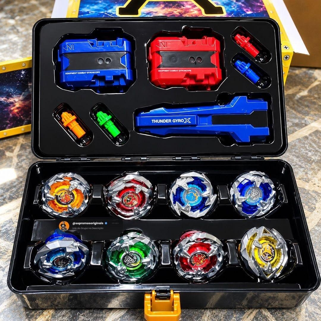 Kit Completo com 8 Pião Blade Thundegyro Batalha Lançador Beiblade