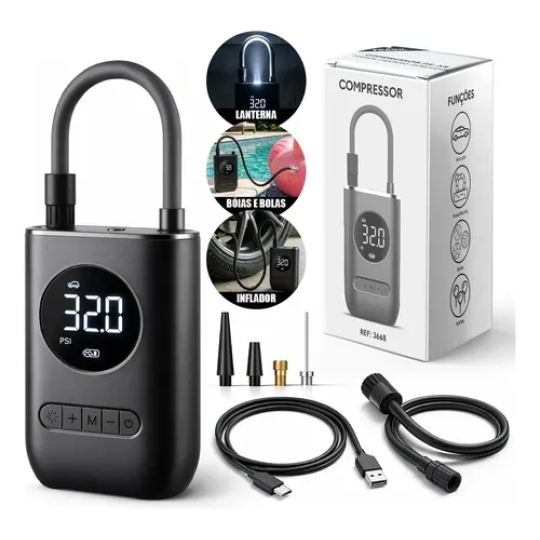Mini Compressor de Ar Digital Portátil Recarregável USB-C Lumi para Pneus de Carro, Moto e Bicicleta Inflador Elétrico de Bolas e Infláveis Display LC...