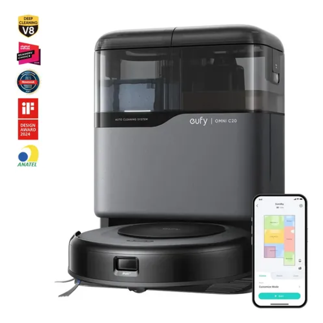 Robô Aspirador Anker eufy C20 3 em 1 Estação Tudo em Um Sucção 7000Pa Corpo Ultrafino 8,5cm Delicia Esvaziamento Limpeza e Secagem Automática Mapeamento Laser Multinível Escova Antiembaraço WiFi App Voz 220V