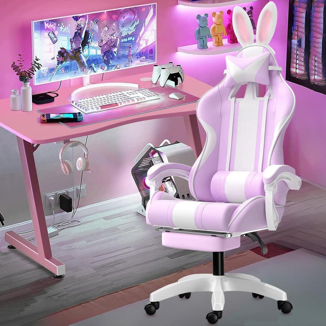 Cadeira gamer fofa com orelhas de coelho, com apoio de pés e apoio de cabeça (Rosa)