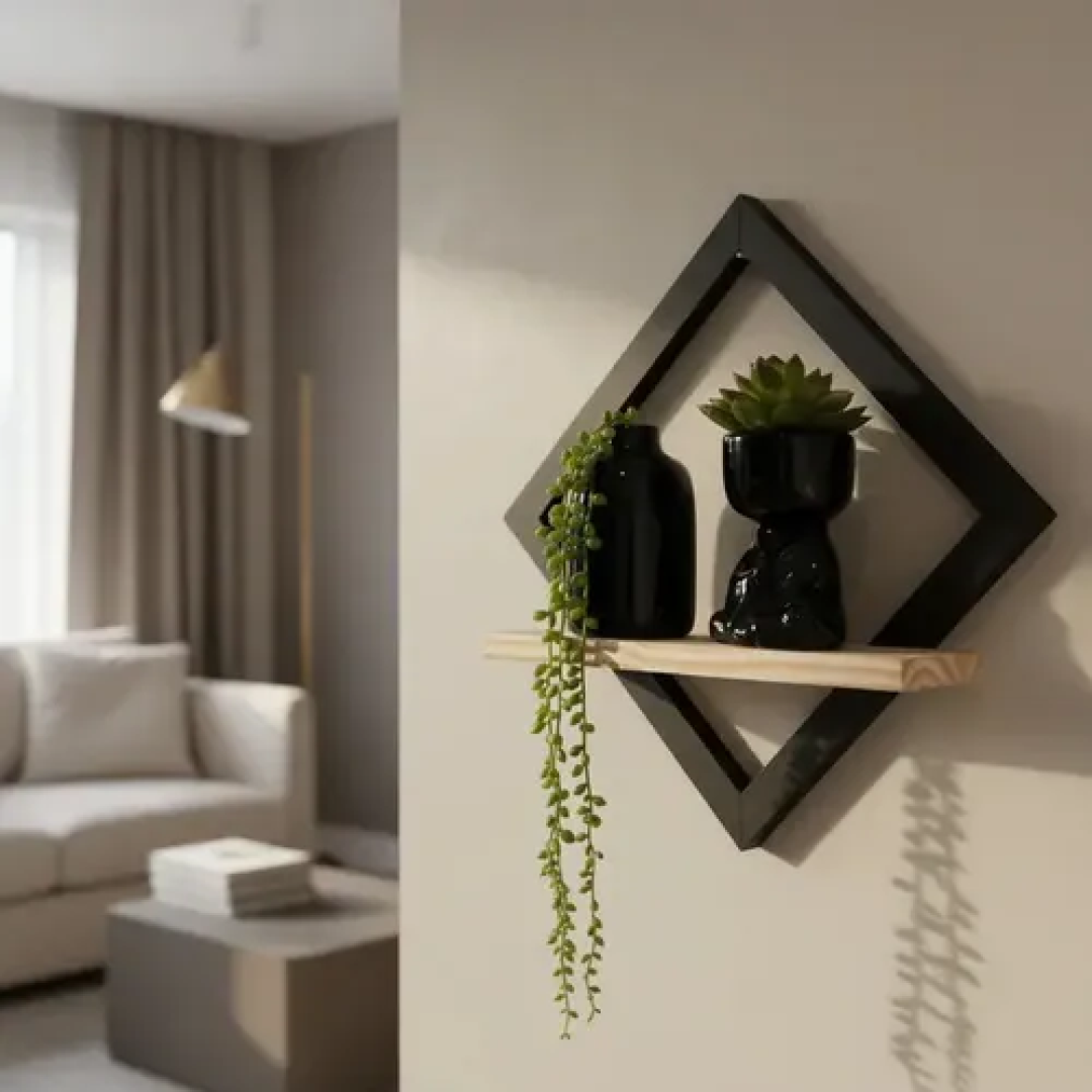 Quadro Decorativo Com Prateleira Madeira Nicho Moldura Luxo Pinus Preta