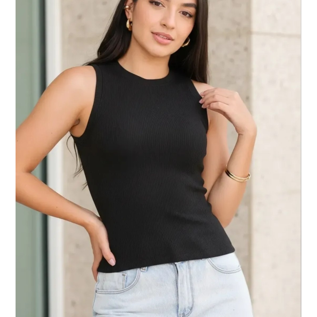 Blusa Regata Feminina Slim Gola Redonda Malha Canelada