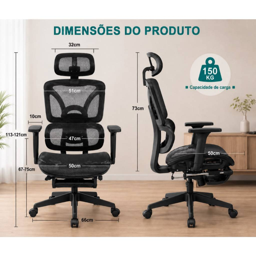 Cadeira Presidente Ergonomica Escritorio Mesh Reclinavel Com Apoio De Pes Retratil E Apoio De Cabeça