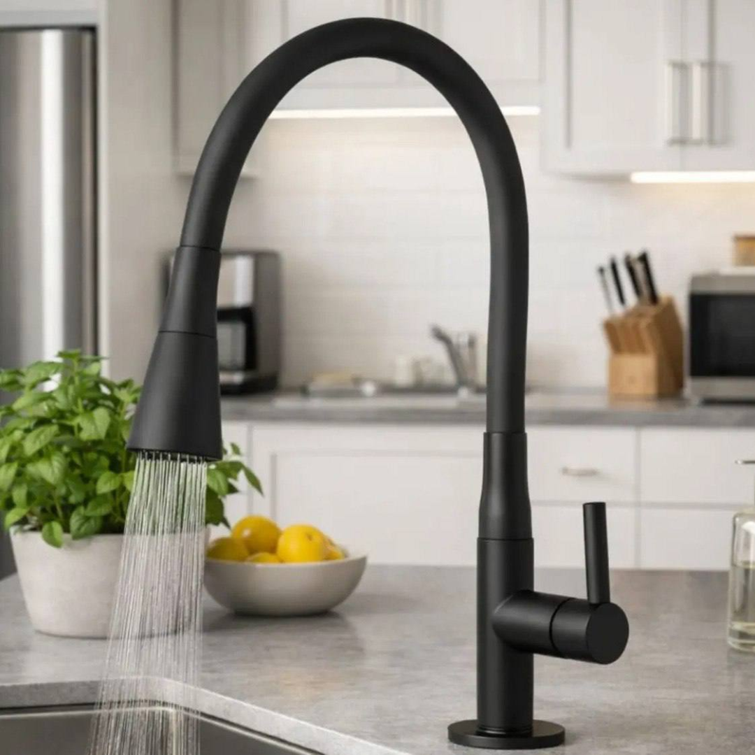Torneira Cozinha Gourmet Preta Flexível Bancada Base Plástico ABS 2 Jatos Mzcell AQUATTRO