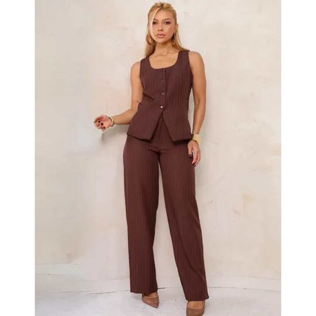 Conjunto Feminino Calça E Colete Longo Alfaiataria Risca Giz