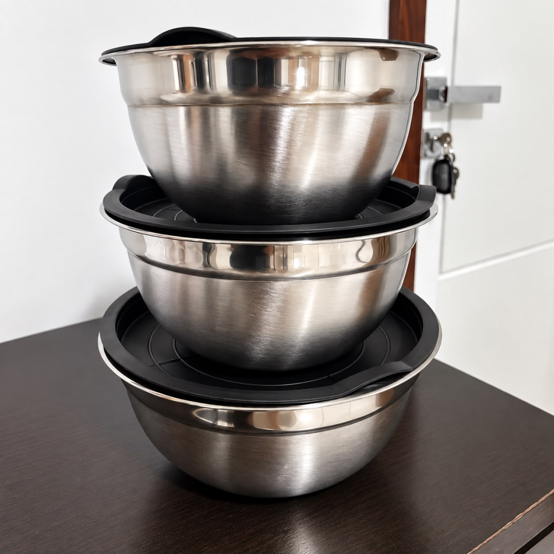 Kit com 3 Bowls Inox com Tampa Hermética