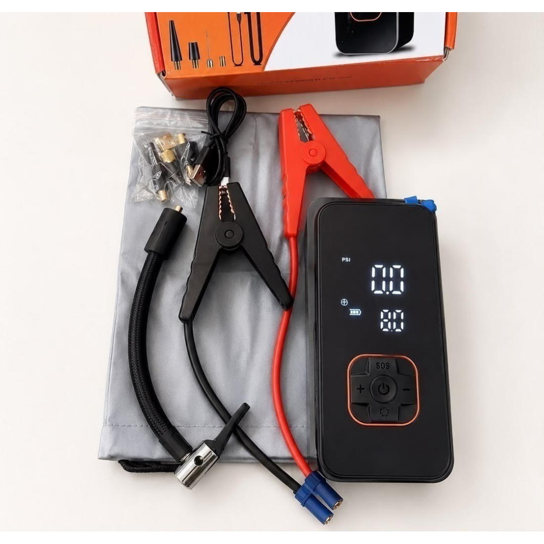Kit Compressor de Ar Compacto 150 Psi + Auxiliar de Partida + Powerbank