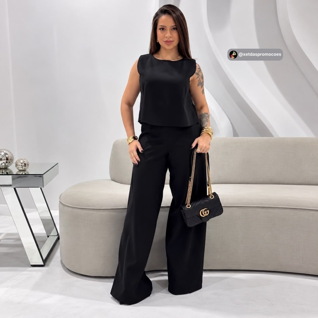 Conjunto Alfaiataria Calça Pantalona E Cropped Linho