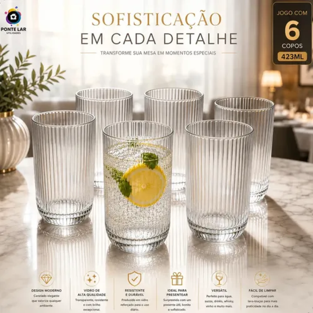 Jogo 6 Copos Vidro Canelado 423ml Moderno Elegante Premium Vinho Água Suco Drinks Gin Whisky Jogo Copos Taça Copo Conjunto Design Luxo Texturizado Coz...