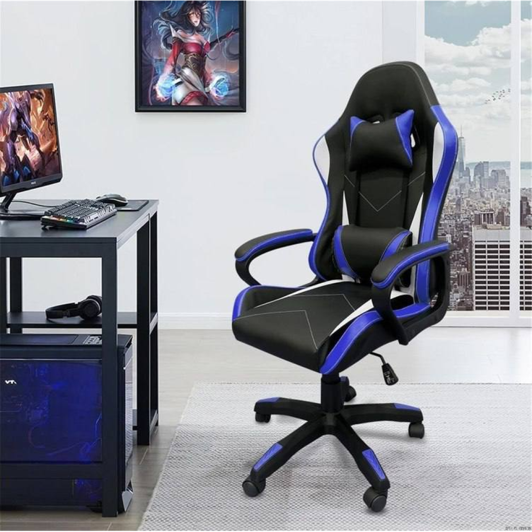 Cadeira de jogos com encosto alto, apoios de braços fixos em quatro pontos, altura ajustável (Azul)