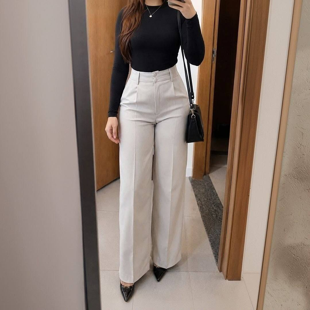 Calça Alfaiataria Feminina Wide Leg Social Cintura Alta