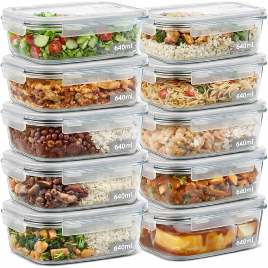 Kit 10 Potes de Vidro Herméticos 640ml com 4 Travas Ideal para Marmitas e Conservação de Alimentos, Vedação Total, Refratário para Forno e Freezer