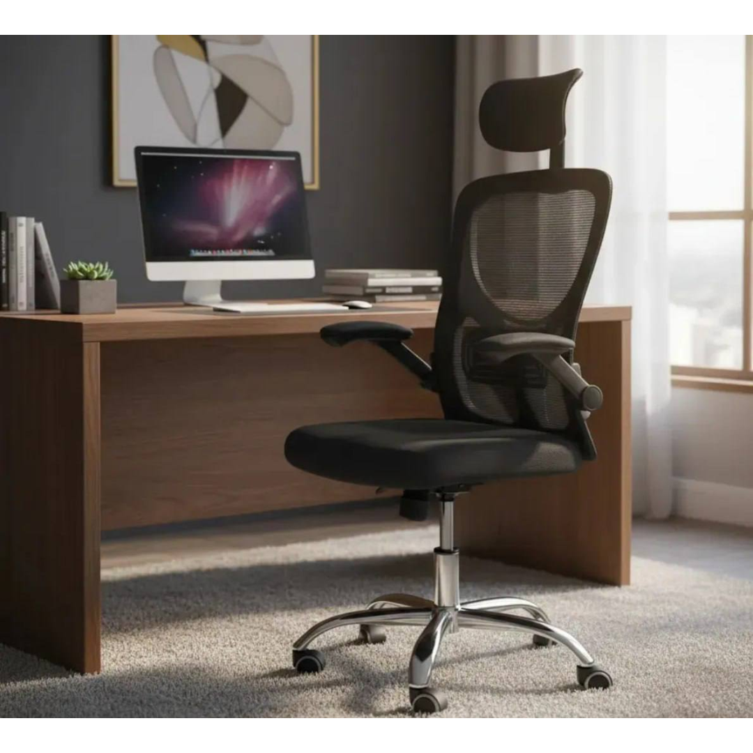 Cadeira De Escritório Ergonômica Ravena Apoio Lombar E Nuca Preto Espuma, Mesh Respirável
