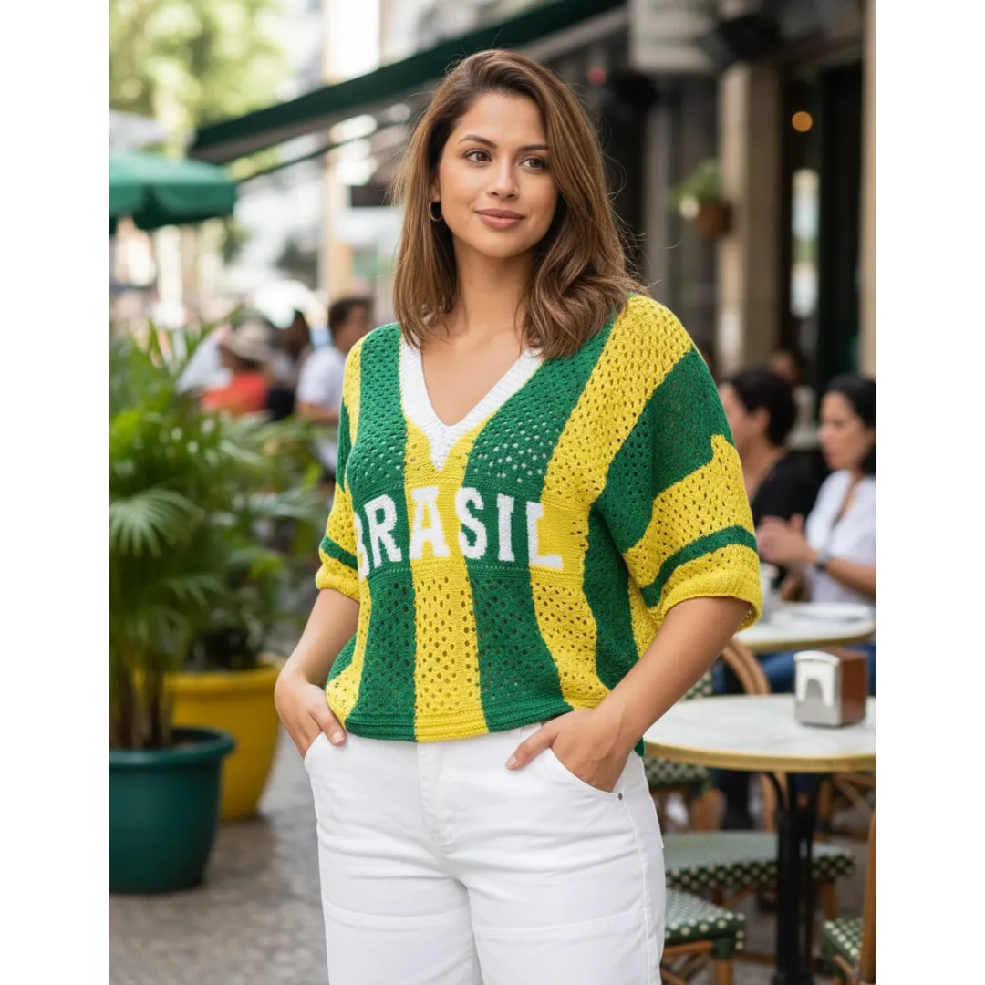 Camisa Brasil Feminino Elegante Manga Morcego Oversized Luxo