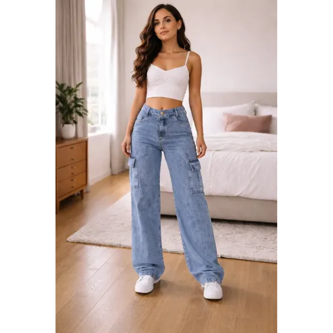 Calça Cargo Feminina Wide Leg Cintura Alta Jeans  Stillger