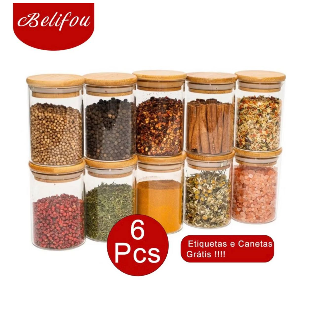 Belifou Kit 6 Potes Para Alimentos Com Tampa Bambu 200ML