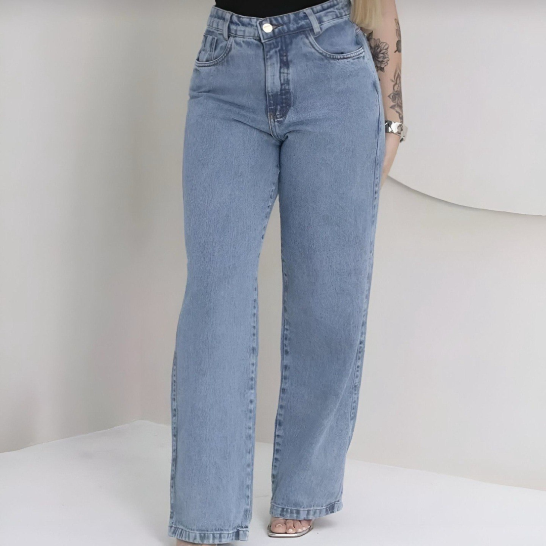 Calça Jeans Feminina Wide Leg Cintura Alta Pantalona