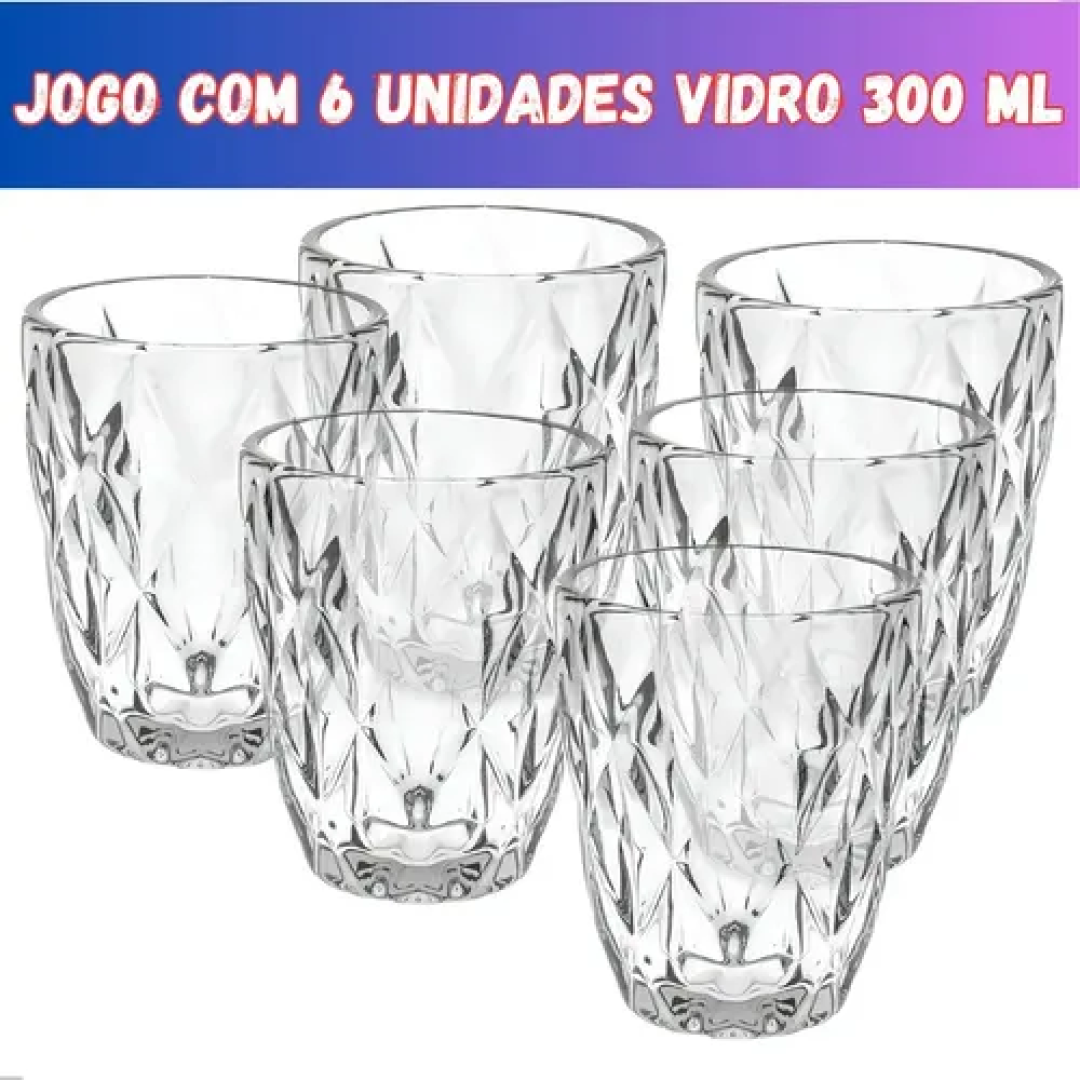 Jogo com 6 Copos Vidro Diamante Grosso 300ml