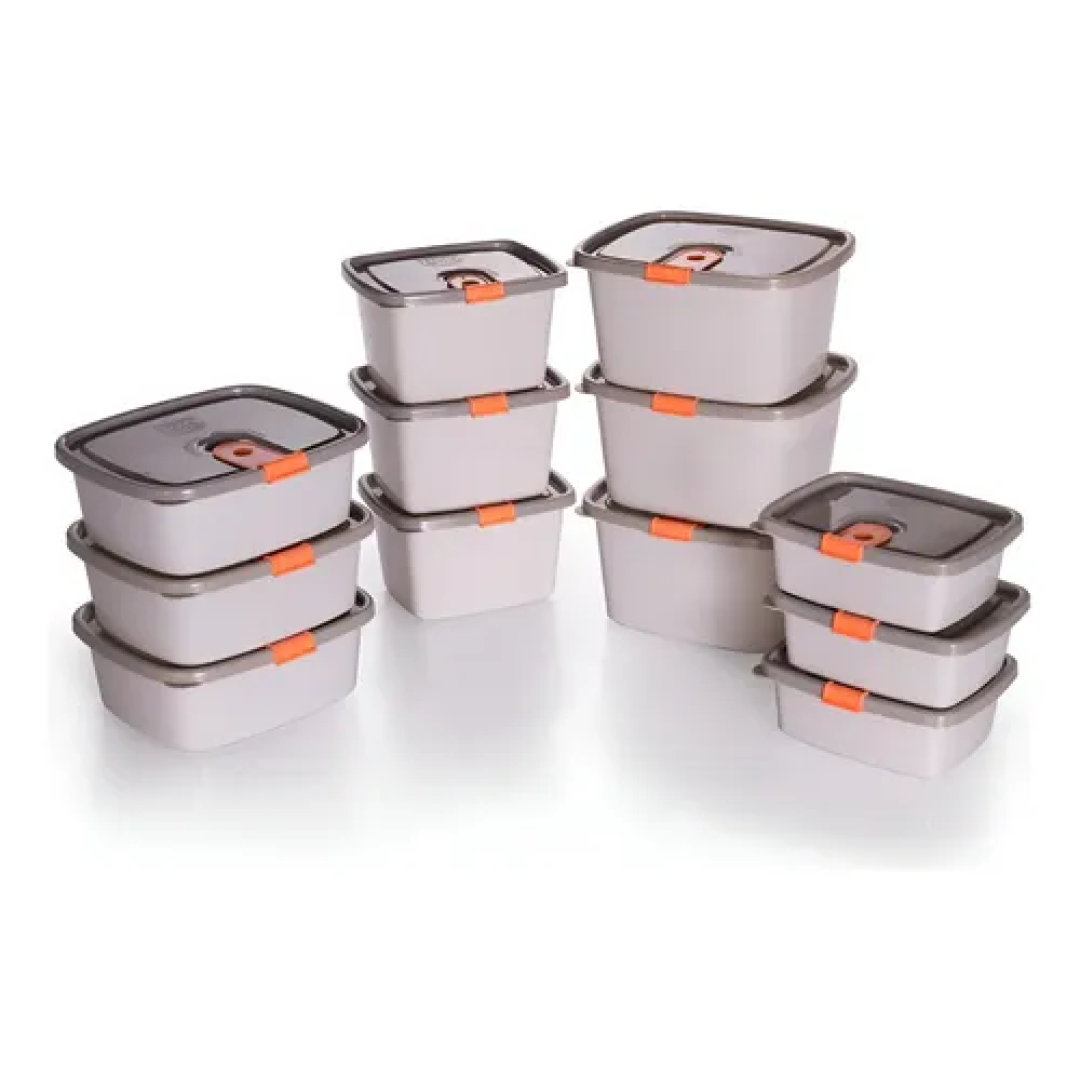 Kit Potes Plástico Retangular Plasútil com Tampa Fixa para Micro-ondas e Freezer – 12 Peças