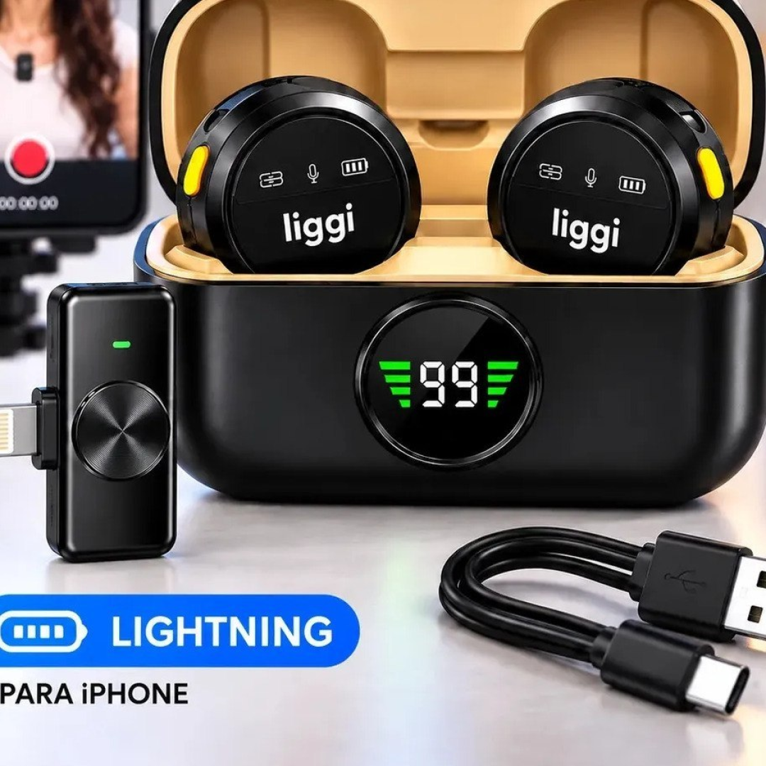 Microfone Lapela Redondo Imã Sem Fio Preto Duplo Anti Ruído Cor Preto - Lightning IPhone 8 ao 14