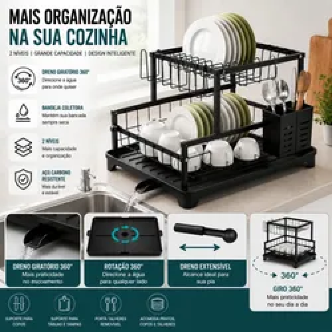 Escorredor Louça 360° 2 Andares Com Bandeja e Bico Giratório