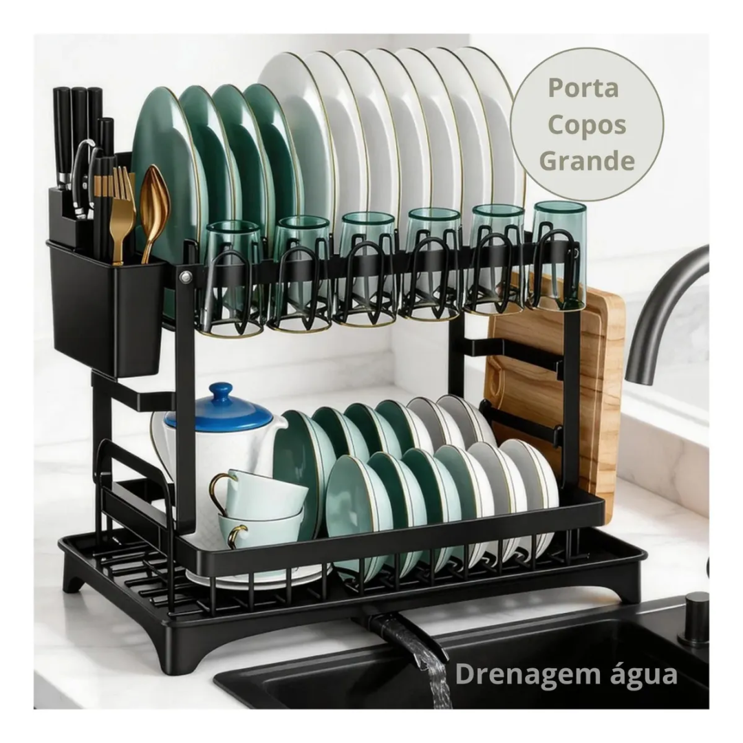 Escorredor de Louças 2 Andares Zelvi Aço Carbono Preto para Pratos Copos Talheres Organizador Pia Cozinha