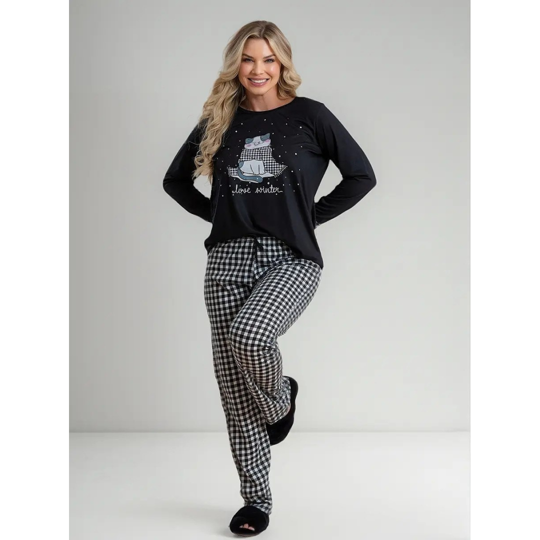 Pijama de Inverno Feminino Gatinha Cachecol Frio Manga Longa