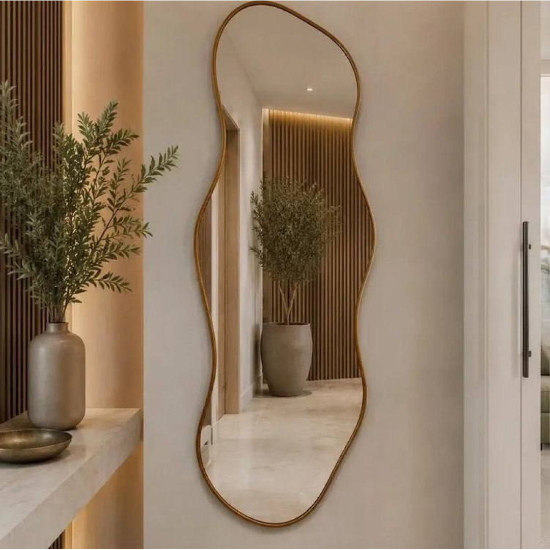 Espelho Grande Orgânico 100x50 Corpo Inteiro Moldura Couro Caramelo