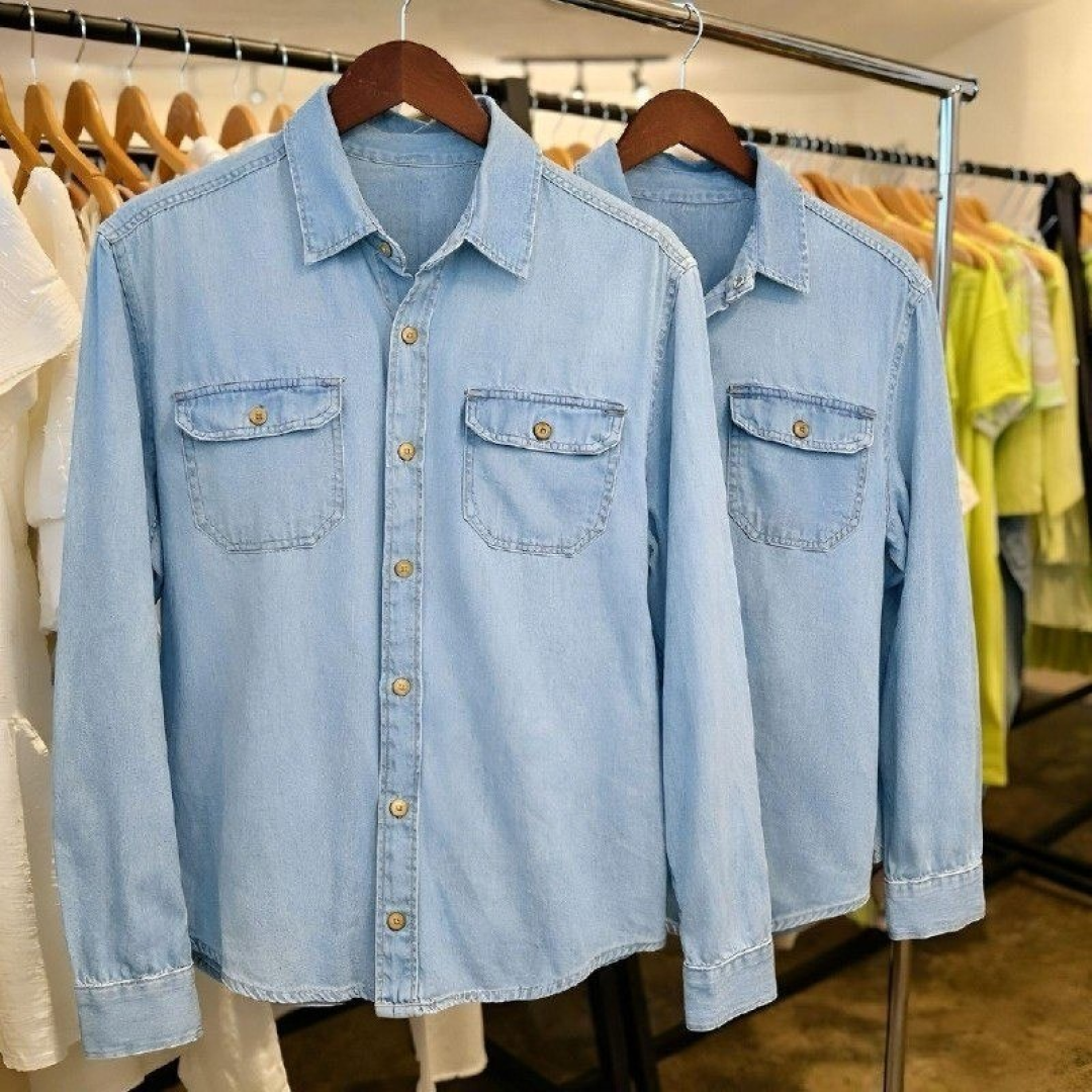 Camisa Social Jeans Manga Longa Long Fit Slim