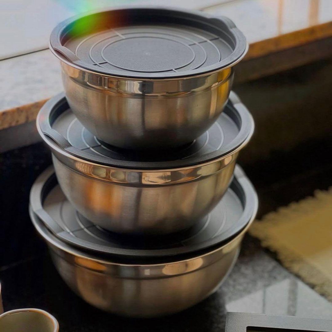 Conjunto 3 Bowls de Inox com Tampas Plásticas Vittak