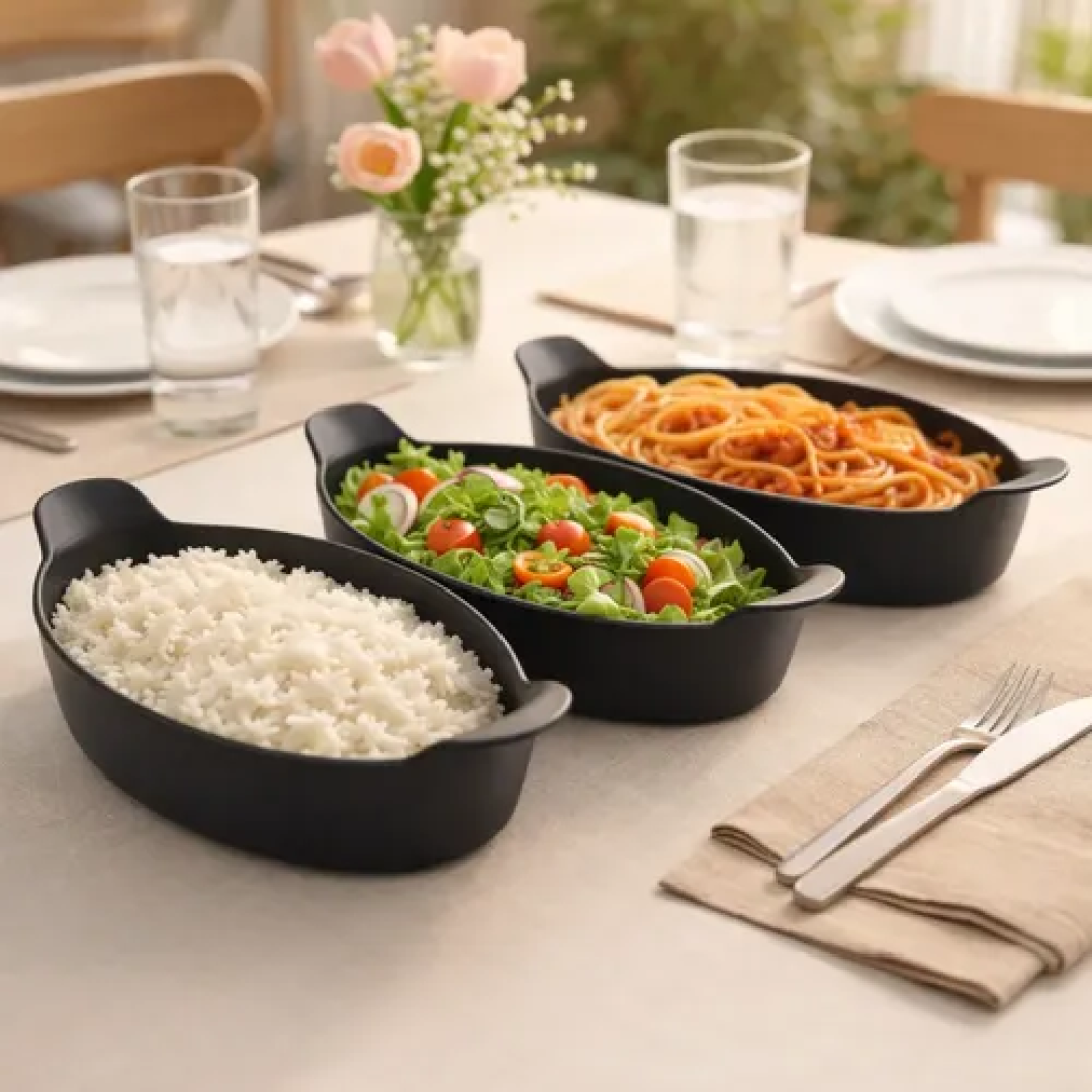 Kit Com 05 Travessas Canoa Plástico Preto 24cm, Petisco Preto