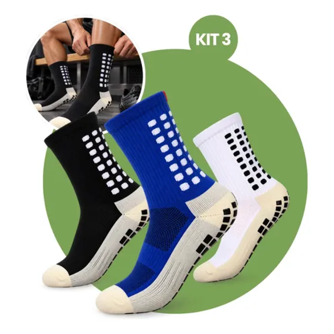 Kit com 3 Pares Meia Antiderrapante Esportiva