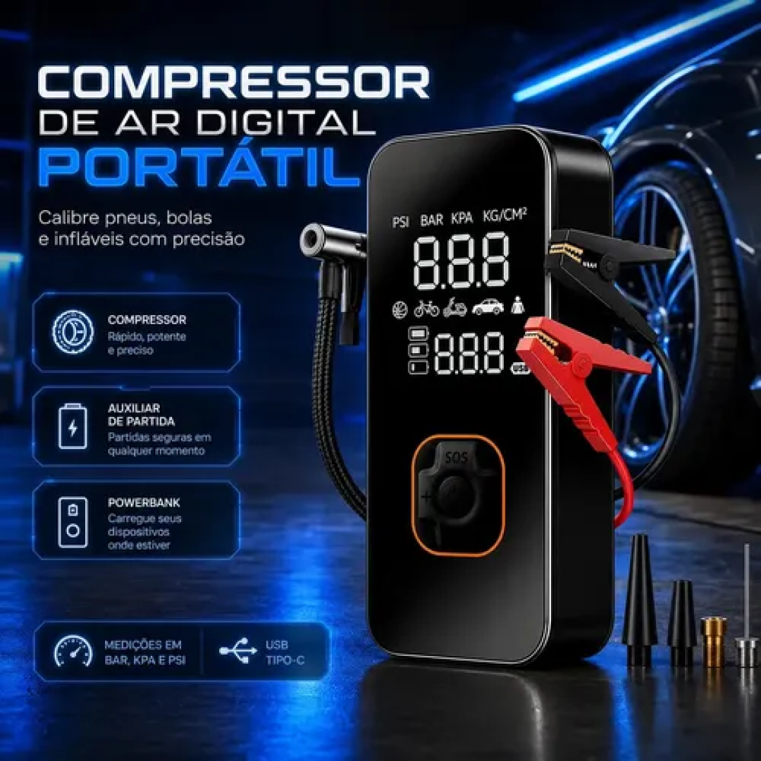 Kit Compressor de Ar Compacto 150 Psi + Auxiliar de Partida + Powerbank