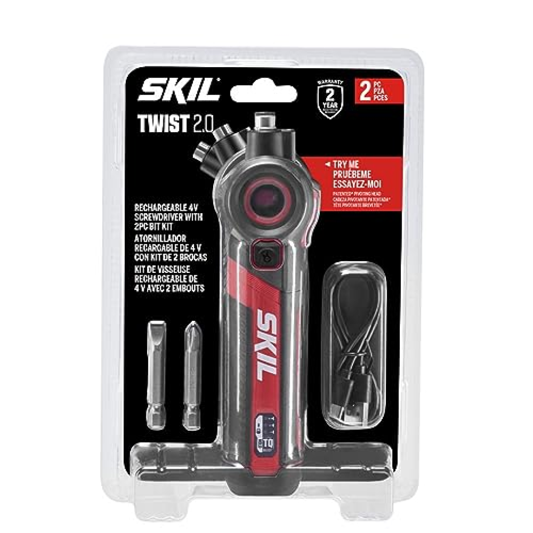 SKIL Chave de fenda Twist 2.0 recarregável de 4 V com cabeça giratória, configuração de torque, cabo de carregamento USB-C e conjunto de 2 bits SD5619-01