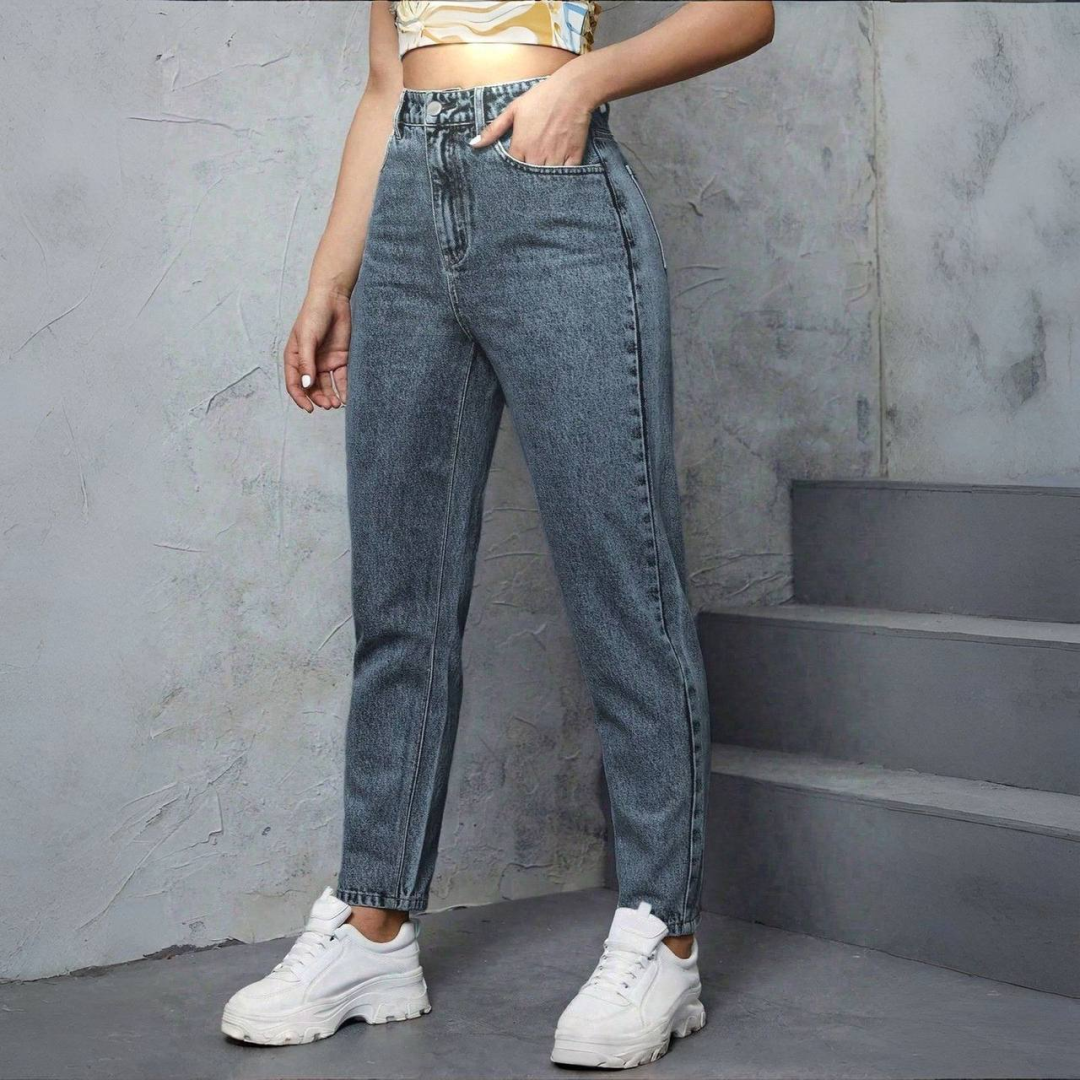 Calça Mom Jeans Feminina Cintura Alta Marmorizada