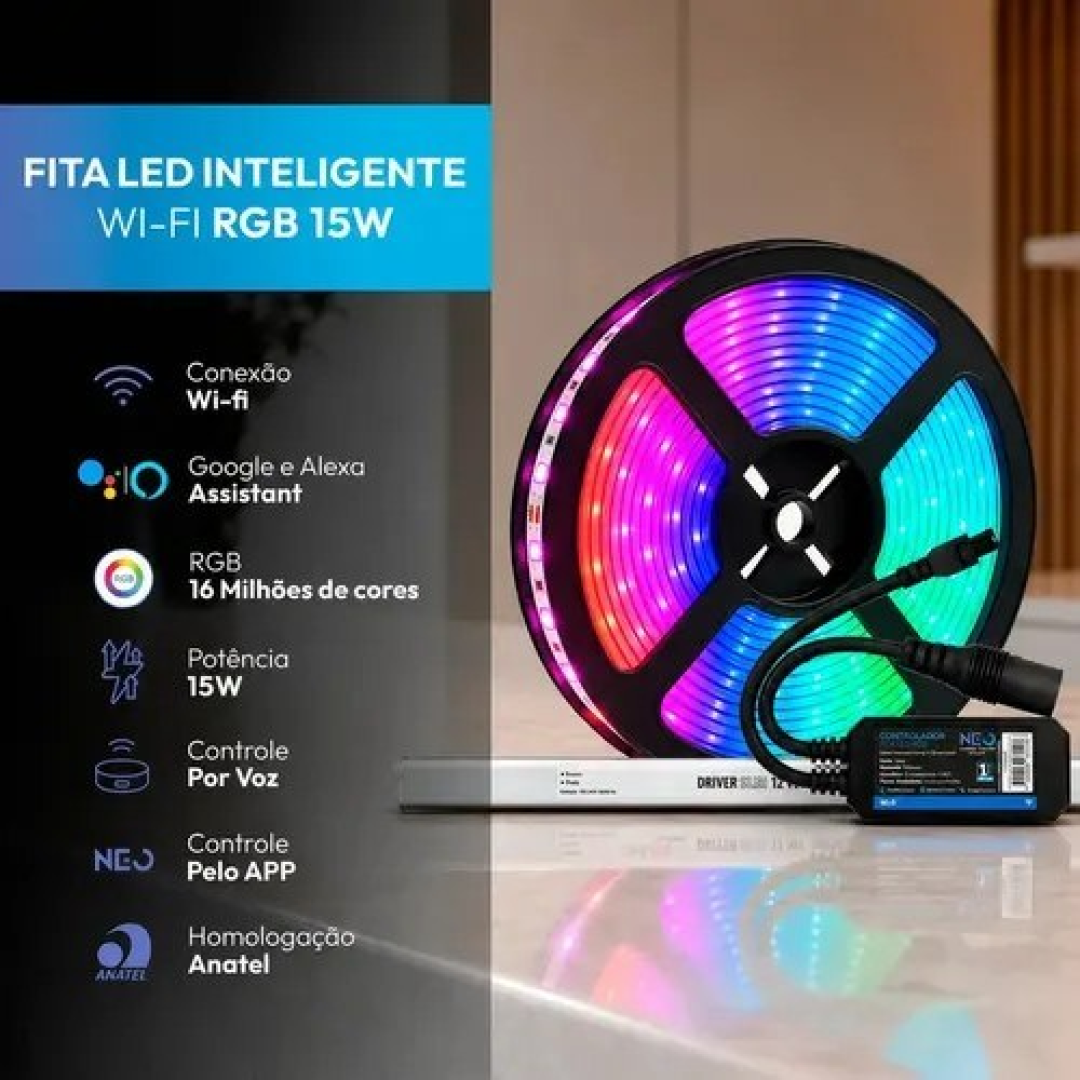 Fita Led Inteligente Wi-fi 2.4 Ghz 15w 5 Metros 2700k/6500k Rgb Colorido 12v + Controlador Inteligente + Driver Neo Avant 127/220v