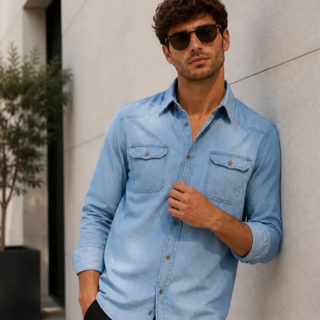 Camisa Jeans Slim Manga Longa
