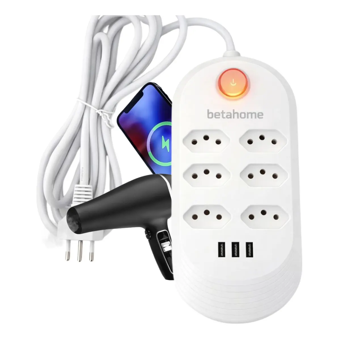 Extensão Elétrica 6 Tomadas Bivolt 3 Usb 2500w Régua Filtro De Linha 2 Metros Branco Cabo 2m 5 mm Led Botão Power 10a 127/220v Energia Elétrico Padrão Brasileiro Profissional Protetor Gamer Extensao