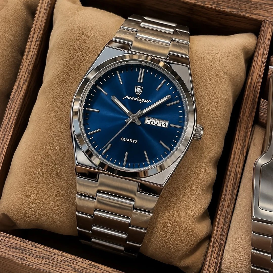 Relógio Poedagar Classic 930 Masculino de Quartzo com Calendário e Fundo Azul
