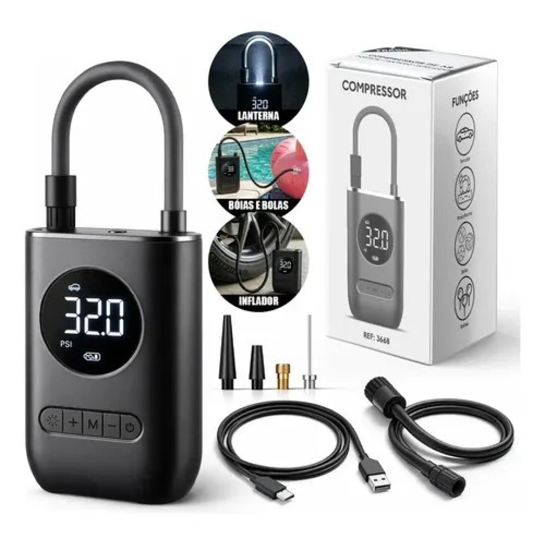 Mini Compressor de Ar Digital Portátil Recarregável USB-C Lumi para Pneus de Carro, Moto e Bicicleta Inflador Elétrico de Bolas e Infláveis Display LCD Alta Pressão Sem Fio Preto