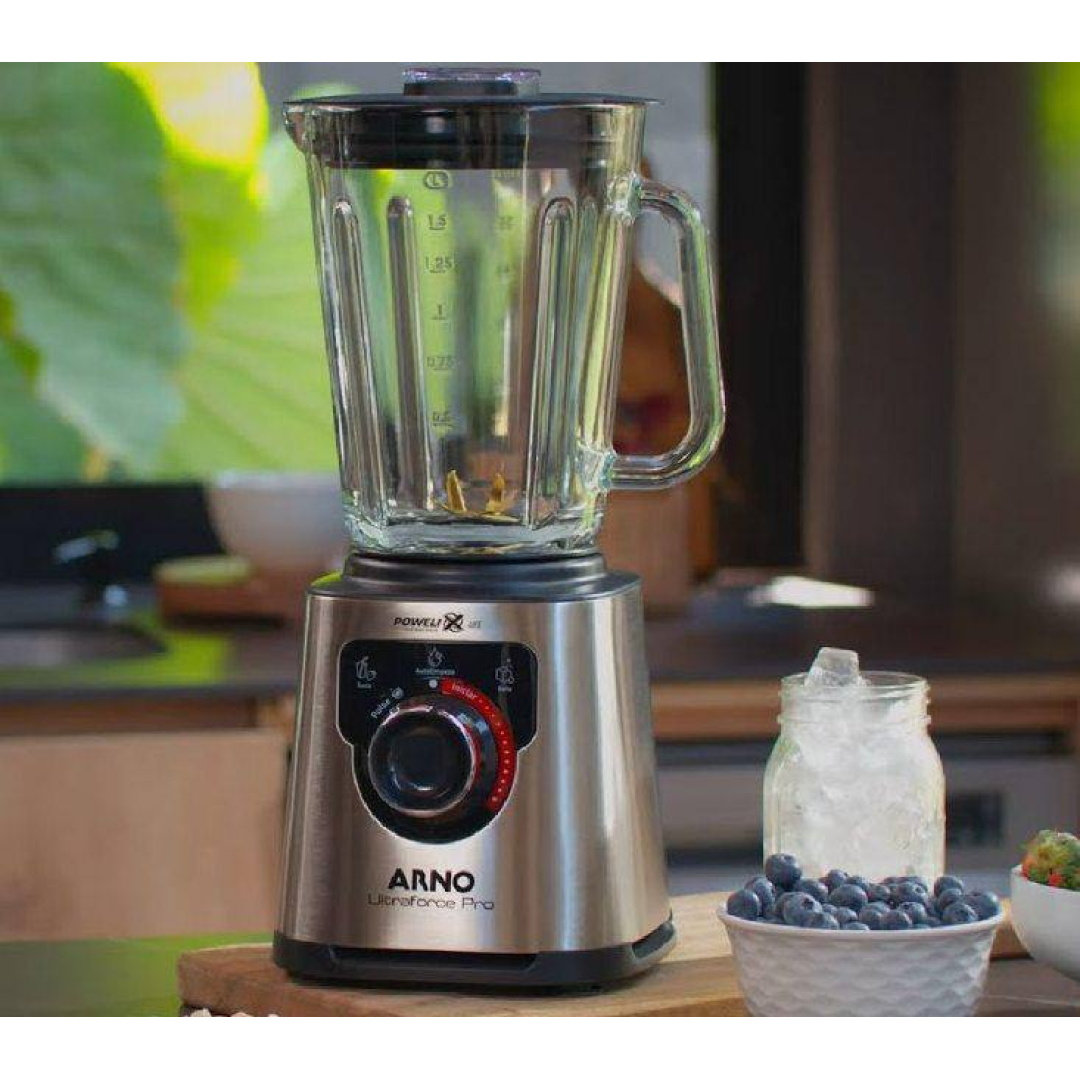 Liquidificador Arno Ultraforce Pro 1100W LN93, com App de Receitas, 6 Lâminas Powelix Life, Jarra de Vidro 2L, Resistente a Choque Térmico e Corpo Ino...